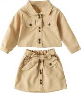 fall/winter outfit set for toddler girls: mini skirt, ruffle shirt, jean jacket, and leather plaid skirt logo