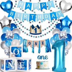 img 4 attached to 78 шт., комплект украшений на 1 день рождения для мальчиков с коробками для воздушных шаров, короной, баннером с днем ​​рождения и баннером на стульчике для первого дня рождения ребенка