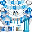 78pcs boys 1st birthday decorations kit with balloon boxes, crown, happy birthday banner and highchair banner for baby first bday party logo