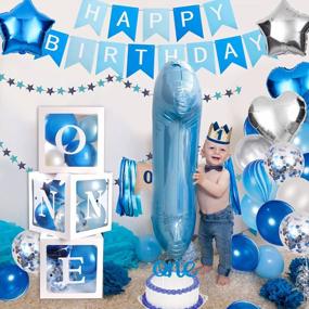 img 3 attached to 78 шт., комплект украшений на 1 день рождения для мальчиков с коробками для воздушных шаров, короной, баннером с днем ​​рождения и баннером на стульчике для первого дня рождения ребенка