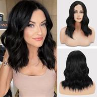 feshfen 16-inch short black wavy lace front synthetic wig with middle parting for women - perfect for cosplay, halloween, daily wear, and parties logo