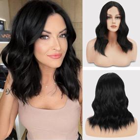 img 4 attached to FESHFEN 16-Inch Short Black Wavy Lace Front Synthetic Wig With Middle Parting For Women - Perfect For Cosplay, Halloween, Daily Wear, And Parties