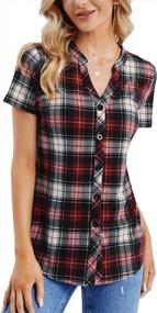 img 3 attached to Stylish Summer Look: DJT Women'S Plaid V Neck Blouses With Short Sleeves And Button Down Front - Perfect Casual Top