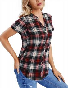 img 2 attached to Stylish Summer Look: DJT Women'S Plaid V Neck Blouses With Short Sleeves And Button Down Front - Perfect Casual Top