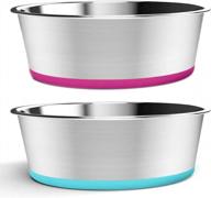 non-skid stainless steel dog bowls with rubber base - deep food and water dishes for small, medium, and large dogs and cats in blue and rose red by wedawn logo