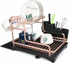 img 4 attached to 2-Tier Aluminum Sink Dish Drainer Drying Rack With Utensil Holder, Cup Hanger For Kitchen Countertop - TBMax Never Rust Gold