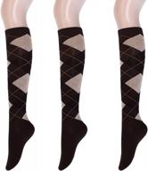 women's premium cotton soft knee high socks: argyle triple striped design, shoe size 5-9 logo