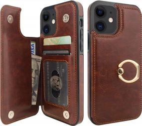 img 4 attached to IPhone 12/12 Pro Wallet Case With Card Holder, 360° Rotation Ring Kickstand & RFID Blocking - ONETOP For Women And Girls 6.1 Inch (Brown)