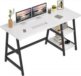 img 4 attached to Foxemart 55" Trestle Computer Desk Writing Home Office Workstation Table With Shelf Storage, 2 Tier Modern Simple Laptop Desk Space-Saving Hutch Easy To Assemble White