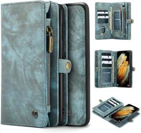img 4 attached to KONKY Caseme Wallet Case Magnetic Detachable Removable Phone Cover Pouch Folio Durable Leather Purse Flip Card Pockets Holder Bag Smooth Zipper (S21, Blue-Green)