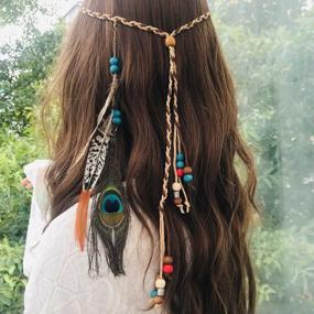 img 4 attached to Campsis индийская повязка на голову с перьями павлина, цепочка для волос принцессы в стиле бохо, синяя регулируемая ручная работа, веревка, головной убор, аксессуар для женщин и девочек