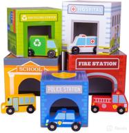 colorful nesting blocks with match & stack feature, 5 stackable vehicles and buildings, 🚗 cube shapes for vehicle storage – includes police car, ambulance, recycling truck, school bus, and firetruck logo