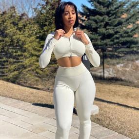 img 1 attached to Acid Wash Zipper Crop Tops And High Waist Leggings Yoga Set For Women - Long Sleeve 2-Piece Workout Outfit By JNINTH