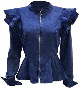 img 1 attached to Stylish Denim Peplum Jacket For Women - Long Sleeve With Zip Closure And Ruffle Shoulder Detail - Plus Size Option Available