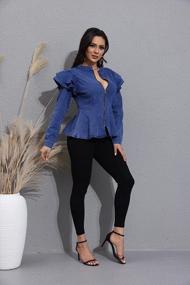 img 4 attached to Stylish Denim Peplum Jacket For Women - Long Sleeve With Zip Closure And Ruffle Shoulder Detail - Plus Size Option Available