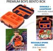 dinosaur bento lunch box for boys toddlers, 5 portion sections secure lid, microwave safe bpa free removable plastic tray, pre-school kid daycare lunches snack container ages 3 to 7 blue orange logo
