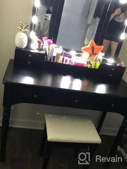 img 1 attached to Black Vanity Desk Set With Trifold Mirror, 8 Necklace Hooks, 7 Drawers & Storage Grid Organizer Box - Makeup Vanities For Girls Women Bedroom W/ Cushioned Stool - CHARMAID review by Steve Lawrence