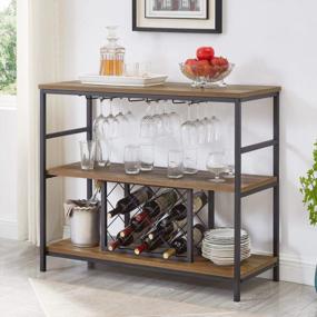 img 4 attached to Industrial Rustic Wine Rack Table With Glass Holder And Storage Cabinet - FOLUBAN Oak Wood And Metal Bar Buffet