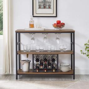 img 3 attached to Industrial Rustic Wine Rack Table With Glass Holder And Storage Cabinet - FOLUBAN Oak Wood And Metal Bar Buffet