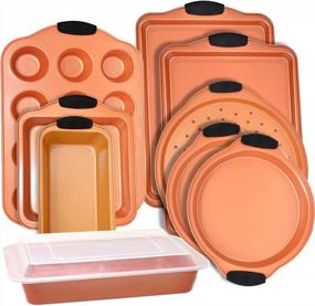 img 4 attached to PERLLI 10-Piece Nonstick Copper Steel Oven Bakeware Set With Silicone Grips - Cookie Sheets, Round Cake Pans, 9X13 Pan W/ Lid & More