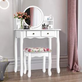 img 2 attached to White Vanity Set For Women And Girls - 4 Drawers And 4 Shelves For Storage, 360° Pivoted Round Mirror, Makeup Organizers, Cushioned Stool - Ideal Dressing Table With Mirror For Makeup (CHARMAID)