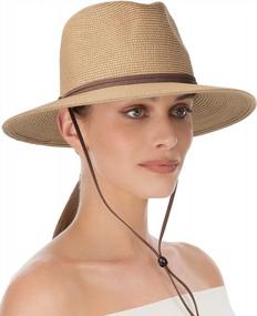 img 4 attached to Womens Summer Straw Sun Hats Wide Brim Panama Fedora Beach Hat With Wind Lanyard UPF 50+