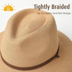 img 3 attached to Womens Summer Straw Sun Hats Wide Brim Panama Fedora Beach Hat With Wind Lanyard UPF 50+