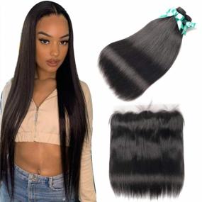 img 4 attached to Unprocessed Brazilian Straight Virgin Hair Bundle Deal With Lace Frontal - 3 Bundles (18 20 22 Inches) + Ear To Ear Lace Frontal (16 Inches) For Human Hair Extensions