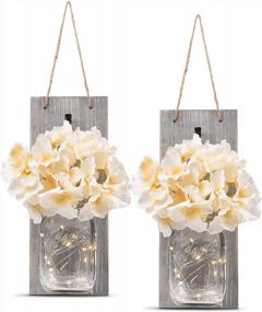 img 4 attached to Rustic Mason Jar Wall Sconces With LED Fairy Lights And Flowers - Set Of 2 - Decorative Farmhouse Home Décor With 6-Hour Timer