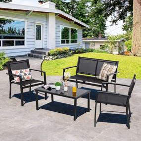 img 4 attached to 4-Piece All-Weather Patio Furniture Set With Textile Fabric, Glass Coffee Table, Loveseat, And 2 Chairs For Home, Garden, Lawn, Porch In Black Finish By Shintenchi
