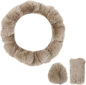 img 4 attached to X AUTOHAUX Universal 15 Inch 38Cm Warm Faux Fur Fluffy Car Steering Wheel Cover With Handbrake Cover Gear Shift Cover Set Brown