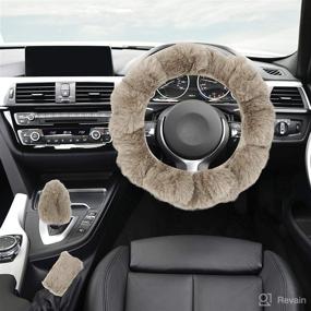img 3 attached to X AUTOHAUX Universal 15 Inch 38Cm Warm Faux Fur Fluffy Car Steering Wheel Cover With Handbrake Cover Gear Shift Cover Set Brown