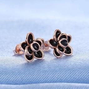 img 2 attached to 925 Sterling Silver Inlay Black Rose Gold Plated Flower Stud Earrings For Women