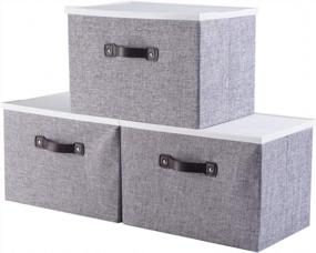 img 4 attached to Grey 3-Pack IFlower Foldable Storage Bins W/ Lid & Handles - Collapsible Cube Organizer Boxes