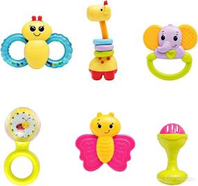 img 4 attached to 👶 Introducing the infunbebe Baby Rattles Teether Toy Set – Perfect for 3+ Months Infants! Explore Grabbing, Shaking, and Spinning with this 6 Piece Shaking Bell Rattle Set