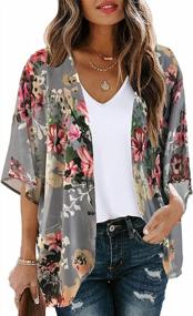 img 4 attached to Women'S Floral Print Puff Sleeve Kimono Cardigan - Loose Cover Up Blouse Top