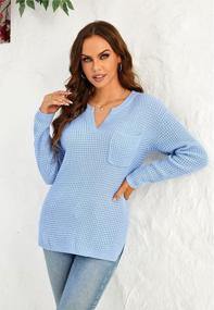 img 3 attached to Oversized Waffle Knit Sweater With V-Neck, Side Slit And Ribbed Detailing - Casual Tunic Jumper With Long Sleeves And Convenient Pockets For Women