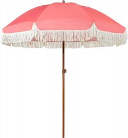 img 4 attached to AMMSUN 7Ft Outdoor Patio Umbrella With Fringe Tassels In Trendy Pink Color, UPF50+ Sun Protection, Wood-Look Steel Pole And Ribs, Easy Push-Button Tilt Function