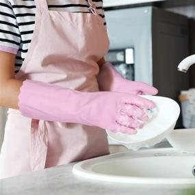 img 1 attached to 🧤 Medium Waterproof Reusable Cleaning Gloves - Latex Free with Cotton Liner, Non-Slip Kitchen Dishwashing Gloves (Blue+Pink)
