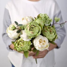 img 3 attached to Vintage Artificial Peony Bouquet - Luyue New Green Silk Flowers