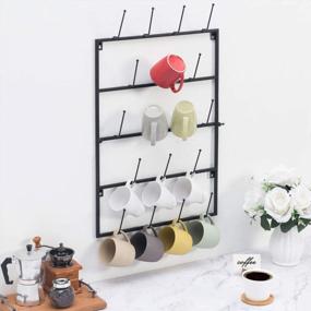 img 4 attached to MyGift Black Metal Wall Mounted Coffee Mug Holder Rack With 5 Tier, Hanging Mug And Cup Storage Organizer With 18 Hooks