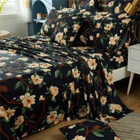 img 3 attached to Vintage Black And Yellow Floral Bedding Set - FADFAY Queen Size Egyptian Cotton Sheets With Elegant Peony Design, 800 Thread Count Deep Pocket Fitted Sheet For Farmhouse Décor - 4 Piece Set Included
