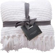 soft and lightweight knitted throw blanket with fringes for home decoration - textured woven design, ideal for sofas and couches - 50" x 60" - white логотип