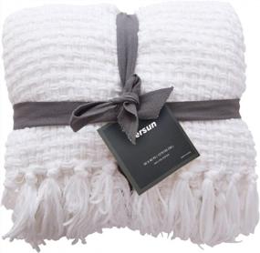 img 4 attached to Soft And Lightweight Knitted Throw Blanket With Fringes For Home Decoration - Textured Woven Design, Ideal For Sofas And Couches - 50" X 60" - White