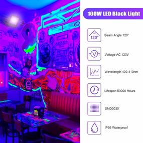 img 3 attached to 100W LED UV Black Light 2 Pack, LED Blacklight с вилкой (кабель питания 10 футов) IP66 Ультрафиолетовый прожектор Сценическое освещение для рождественской вечеринки Grow DJ Disco, светящийся в темноте с флуоресцентной лентой