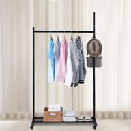 bigzzia freestanding garment rack with lockable wheels, bottom shelves, side hooks, and multi-functional use as coat rack logo