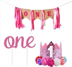 img 4 attached to Отпразднуйте первый день рождения вашей девочки с набором украшений Shalofer, включающим баннер, топпер для торта и шляпу с короной в розовом цвете-1St, One.