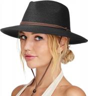 women's summer straw sun hat wide brim panama fedora beach cap with wind lanyard upf 50+ protection logo