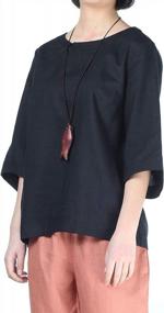 img 3 attached to Women'S Loose Cotton Linen Blouse Round Neck Chinese Frog Button Tops