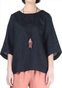 img 4 attached to Women'S Loose Cotton Linen Blouse Round Neck Chinese Frog Button Tops